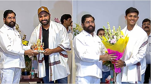 Chief Minister Eknath Shinde felicitated the four cricketers from Mumbai in the presence of his deputies Ajit Pawar and Devendra Fadnavis.