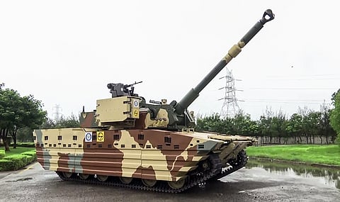 A view of light tank Zorawar developed jointly by DRDO and Larsen and Toubro. The tank project being developed for the Indian Army was reviewed by DRDO chief Dr Samir V Kamath in Hazira, Gujarat on Friday.