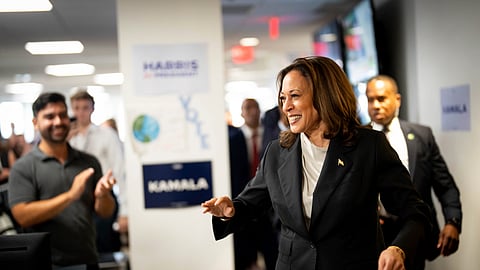 US Vice President Kamala Harris arrives at her campaign headquarters in Wilmington, Delaware, Monday, July 22, 2024.