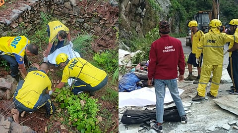 Rescuers recovering the bodies of the bikers on Badrinath highway.