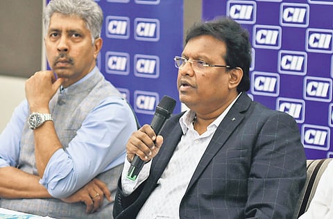 CII AP Chairman V Murali Krishna addressing the media in Vijayawada on Tuesday.