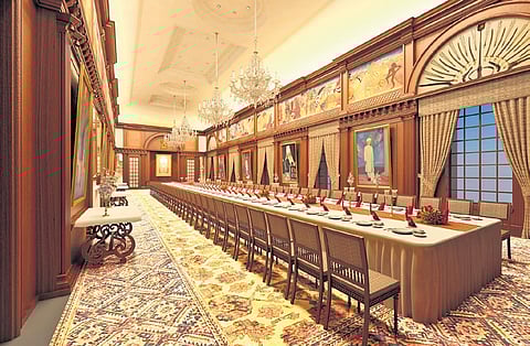 The main dining hall of the Rashtrapati Bhawan designed by Masooma Rizvi.