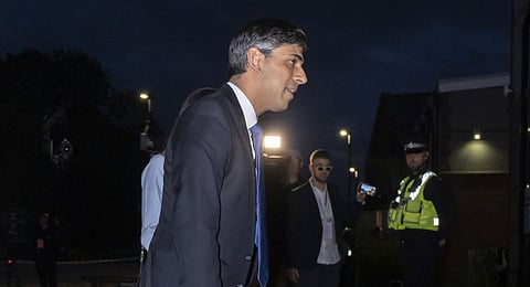 Britain's Prime Minister Rishi Sunak arrives at Northallerton Leisure Centre in Northallerton, North Yorkshire, for the count for the Richmond and Northallerton constituency in the 2024 General Election, Friday July 5, 2024.