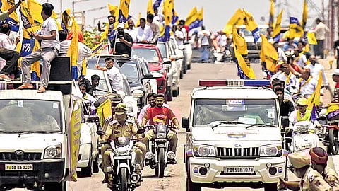 AAP candidate Mohinder Bhagat’s carcade after winning the bypoll from Jalandhar West constituency