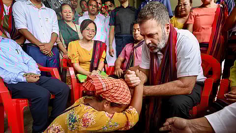 Congress MP Rahul Gandhi meets flood-hit people at Fulertal in Lakhimpur district of Assam.