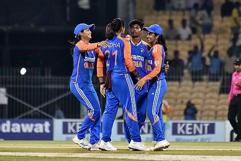Pooja Vastrakar (2nd from right) claimed four wickets on Tuesday