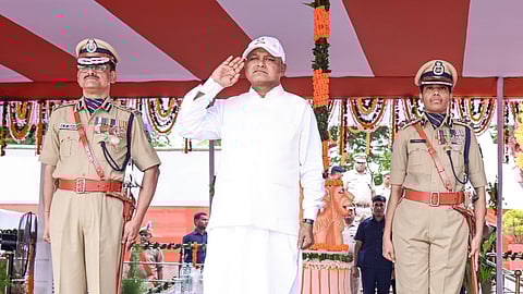 Chief Minister Mohan Charan Majhi taking ceremonial salute at the
passing out parade on Saturday.