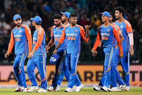 Indian players celebrate after the 3rd T20 International cricket match against Sri Lanka at the Pallekele International Cricket Stadium, in Pallekele, Tuesday, July 30,