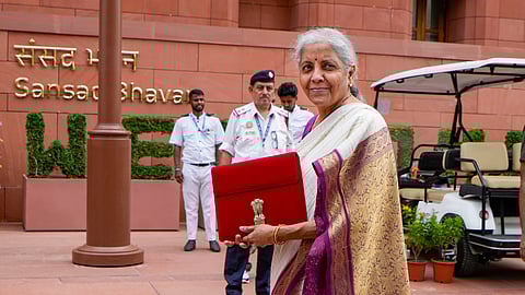 Union Finance Minister Nirmala Sitharaman seen with the red pouch ahead of her budget speech.