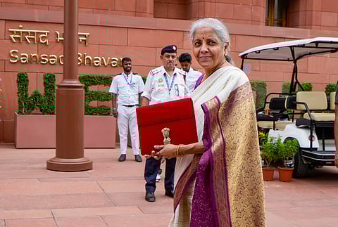 Union Finance Minister Nirmala Sitharaman seen with the red pouch ahead of her budget speech.