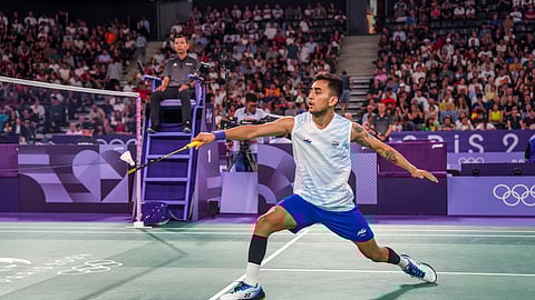 Lakshya Sen returns a shot during the Mens Singles Group stage badminton match against Guatemalas Kevin Cordon at the Summer Olympics 2024, in Paris.