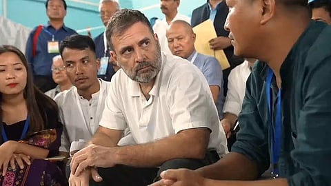 Congress leader Rahul Gandhi interacts with survivors at a relief camp in Churachandpur, Manipur.