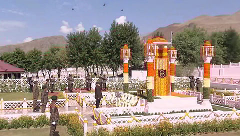 Prime Minister Narendra Modi at the Kargil War Memorial on the occasion of the 25th anniversary of the Kargil Vijay Diwas, in Dras on Friday