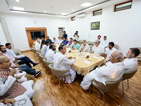 Congress President Mallikarjun Kharge, Leader of Opposition in the Lok Sabha Rahul Gandhi and other INDIA floor leaders during a meeting to discuss their strategy after presentation of the Union Budget 2024, at Kharge's residence, in New Delhi, Tuesday, July 23, 2024.