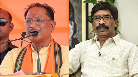 Chhattisgarh CM Vishnu Deo Sai (L) and former Jharkhand CM Hemant Soren