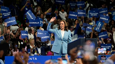 Kamala Harris arrives to speak during a campaign rally, Tuesday, July 30, 2024, in Atlanta.