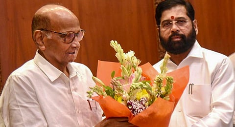 Maharashtra Chief Minister Eknath Shinde and NCP (SP) Chief Sharad Pawar during a meeting, in Mumbai, Monday, July 22, 2024.