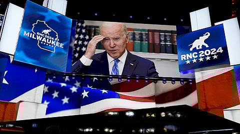 An image of President Joe Biden is projected on a screen during the final night of the 2024 Republican National Convention at the Fiserv Forum, Thursday, July 18, 2024, in Milwaukee.
