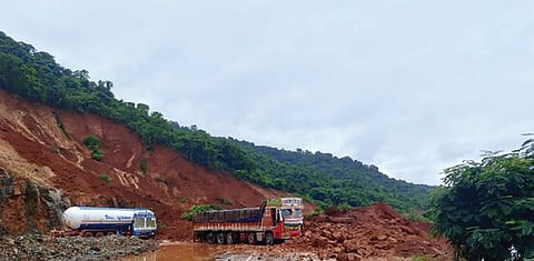 A tanker stuck on NH66 following the landslide in Shirur on Tuesday
