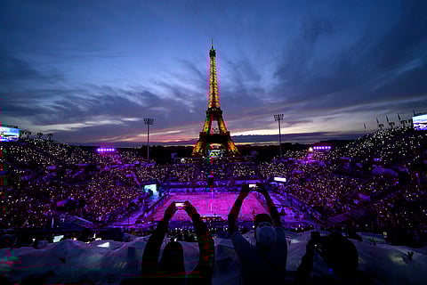 A beach volleyball match at the 2024 Summer Olympics, Saturday, July 27, 2024, in Paris, France.