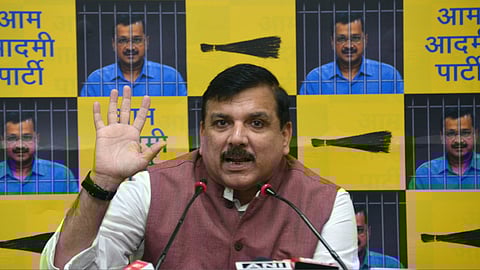 AAP leader Sanjay Singh addresses a press conference.