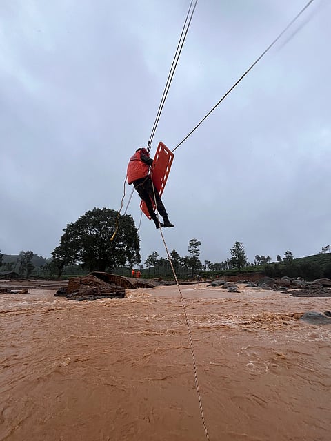 Rescue operations being carried out by 122 Infantry Battalion (TA) MADRAS from Kozhikode at Chooralmala, Wayanad.