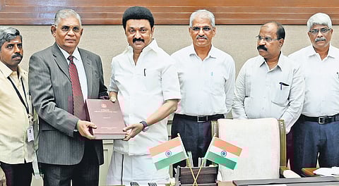 Retired HC judge D Murugesan, chairman of the panel on State Education Policy, handing over the panel’s report to Chief Minister M K Stalin on Monday