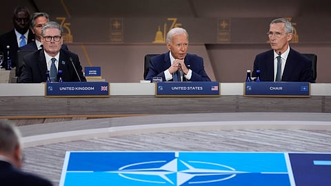 President Joe Biden (Centre) speaks during the opening session of the NATO Summit, Wednesday, July 10, 2024, in Washington. At left is British Prime Minister Keir Starmer and at right is NATO Secretary General Jens Stoltenberg.