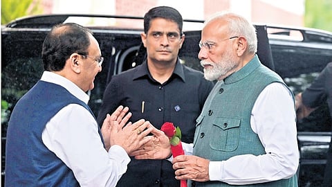 PM Narendra Modi being received by BJP chief JP Nadda upon his arrival for the Chief Ministers’ meeting, at party headquarters on Saturday
