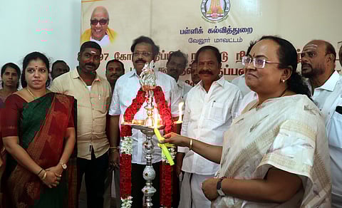 Vellore Collector V R Subbulaxmi and MP Kathir Anand during the lamp lighting ceremony at one of the classrooms