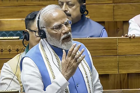 Prime Minister Narendra Modi replies to the Motion of Thanks on the President's Address in the Lok Sabha during the ongoing Parliament session, in New Delhi, Tuesday, July 2, 2024.