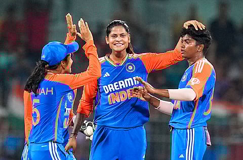Pooja Vastrakar celebrates the wicket of South Africa's batter Nadine de Klerk during the third T20 cricket match between India Women and South Africa Women in Chennai (Photo | PTI)