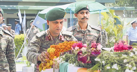 Army personnel pay tribute to the mortal remains of Lance Naik Subash Kumar, who was killed by terrorists in J&K’s Poonch district.