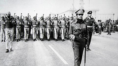 Kiran Bedi is the first woman to lead the Designer Tarun Tahiliani all-male contingent of the Delhi police at 1975 Republic day parade.