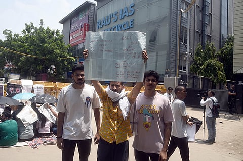Students protest outside the IAS coaching institute in Old Rajinder Nagar, where 3 UPSC aspirants died due to drowning on 30th July, in New Delhi.