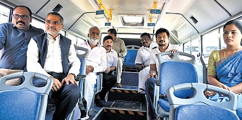 Ministers Udhayanidhi Stalin, PK Sekarbabu and SS Sivasankar, and corporation mayor R Priya take a ride in a new MTC low-floor bus in Chennai on Sunday