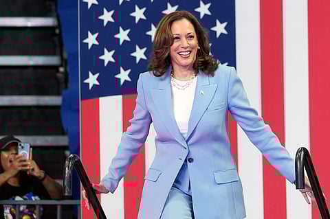 Vice President Kamala Harris arrives to speak during a campaign rally, July 30, 2024, in Atlanta. Harris, the daughter of immigrants who rose through the California political and law enforcement ranks to become the first female vice president in U.S. history, is poised to secure the Democratic Party's presidential nomination Monday, Aug. 5, 2024