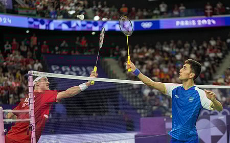 Paris: India's Lakshya Sen during the Men's Singles Semifinal badminton match against Denmark's Viktor Axelsen at the 2024 Summer Olympics,