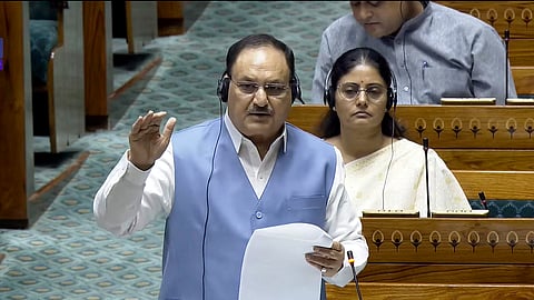 Union Minister JP Nadda speaks in the Lok Sabha during the Monsoon session of Parliament, in New Delhi.