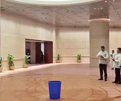 Screen grab of water leaking from ceiling of the new Parliament building