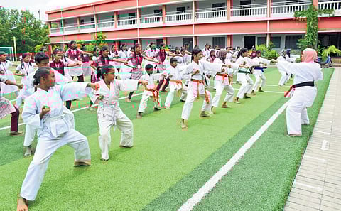 Girls undergoing karate training under Operation Jwala in Rajanna Sircilla district on Saturday