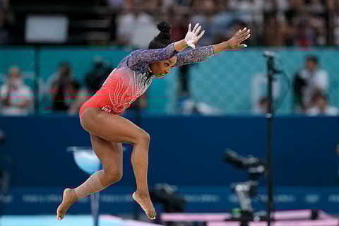 Simone Biles, of the United States, competes during the women's artistic gymnastics individual floor finals at Bercy Arena at the 2024 Summer Olympics, Monday, Aug. 5, 2024, in Paris, France.