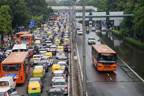 Vehicles stuck in traffic jam after rains in Delhi