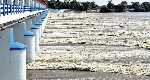 Water flowing through Mukkombu barrage near Tiruchy