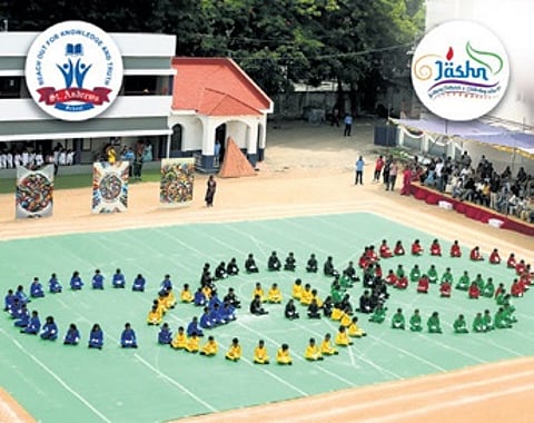 Students form the iconic five-rings of Olympics during the investiture ceremony at St Andrew’s School in Secunderabad on Saturday