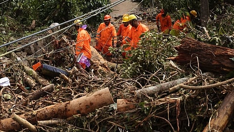 NDRF personnel searching at the landslide-hit Punchirimattam near Chooralmala in Wayanad.