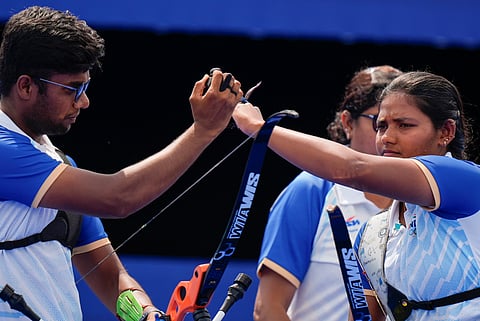 India's Ankita Bhakat competes along with India's Dhiraj Bommadevara during the Archery mixed team quarterfinal against Spain's Elia Canales and Spain's Pablo Acha Gonzales at the 2024 Summer Olympics