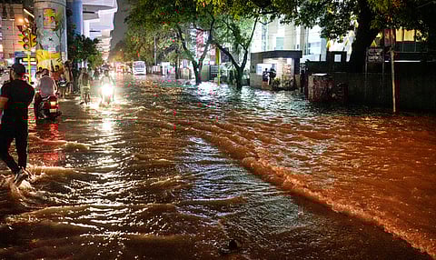 Waterlogging at a road near Old Rajinder Nagar area during rain, in New Delhi, Wednesday, July 31, 2024.