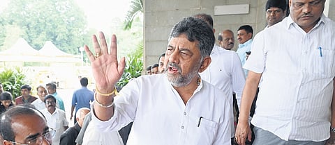 Deputy CM DK Shivakumar arrives at Vidhana Soudha to attend the cabinet meeting on Thursday