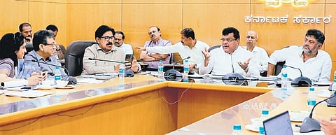 Industries Minister MB Patil and Deputy Chief Minister DK Shivakumar at a meeting to discuss the second airport in Bengaluru on Monday